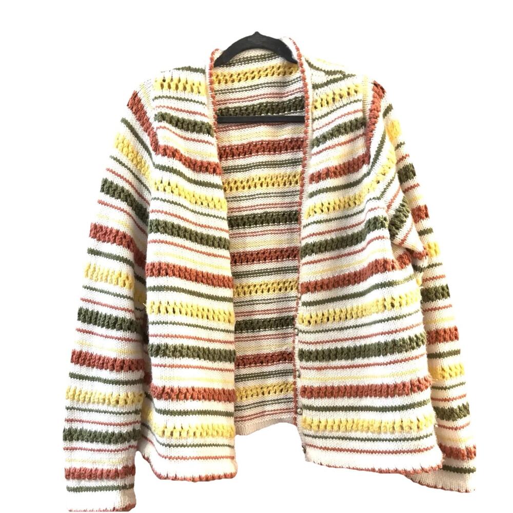 Hand Knit Women’s Cardigan Multicolor M/L Grandma Teacher Cottagecore Cabincore